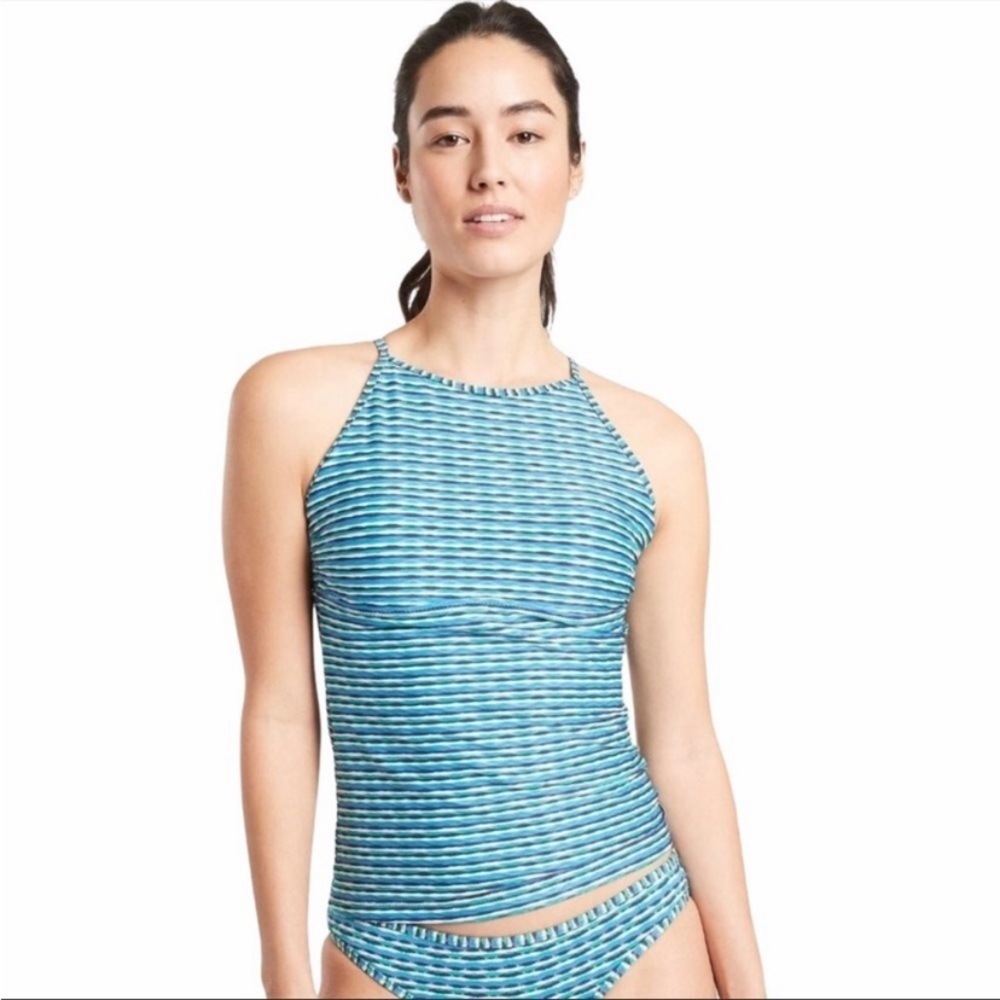 Athleta Striped High Neck Tankini Swim Top Strappy Crisscross Back‎ Active Blue